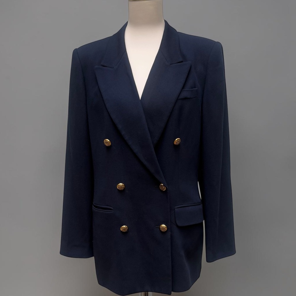 VTG 90s Blazer Sz 8 Navy Blue Double Breasted Gold Button Peak Lapel Wool Blend